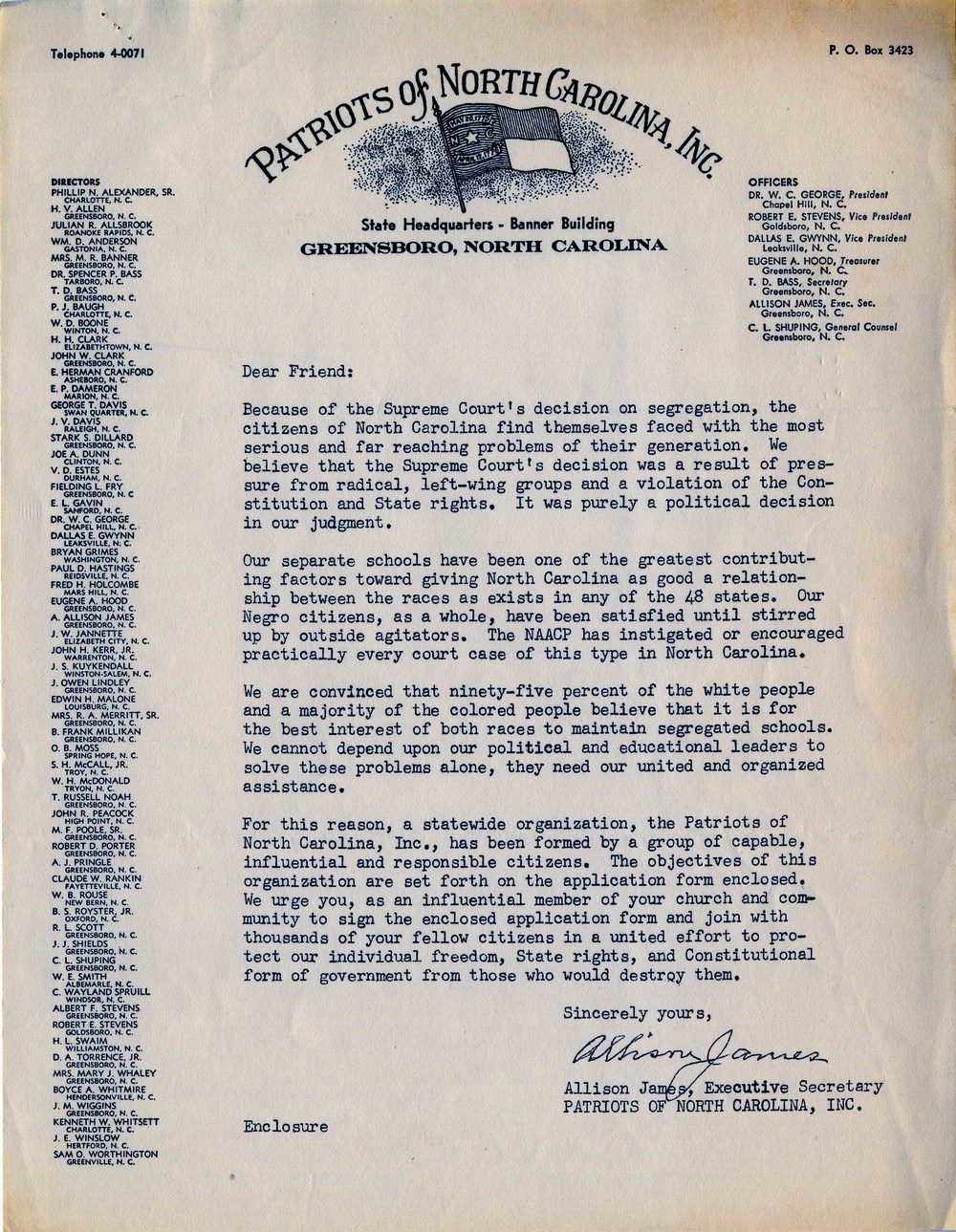 A letter from the Patriots of North Carolina soliciting members. Image courtesy David Neal.